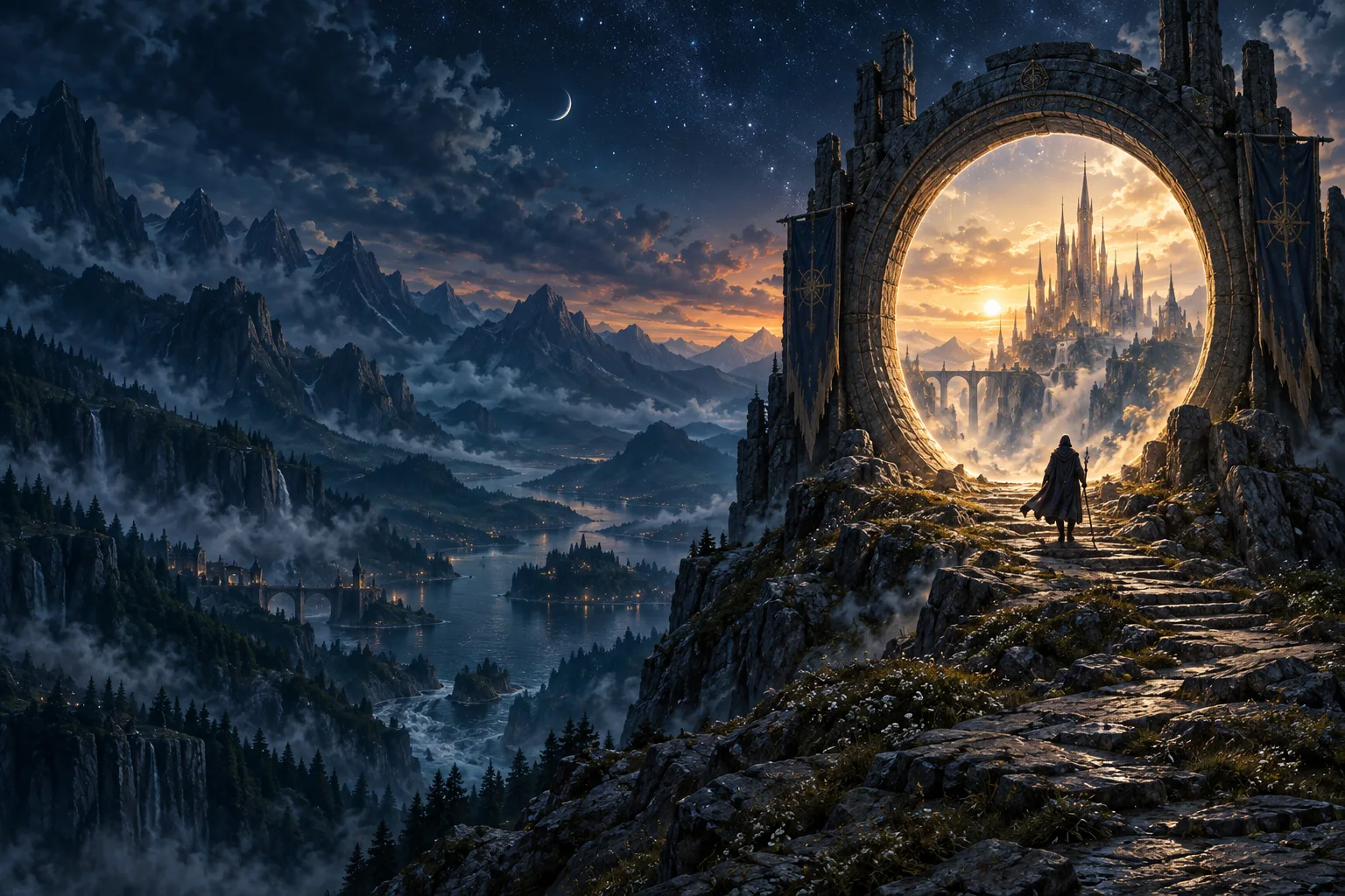 A lone traveler approaches a glowing gateway to a castle among the mountains